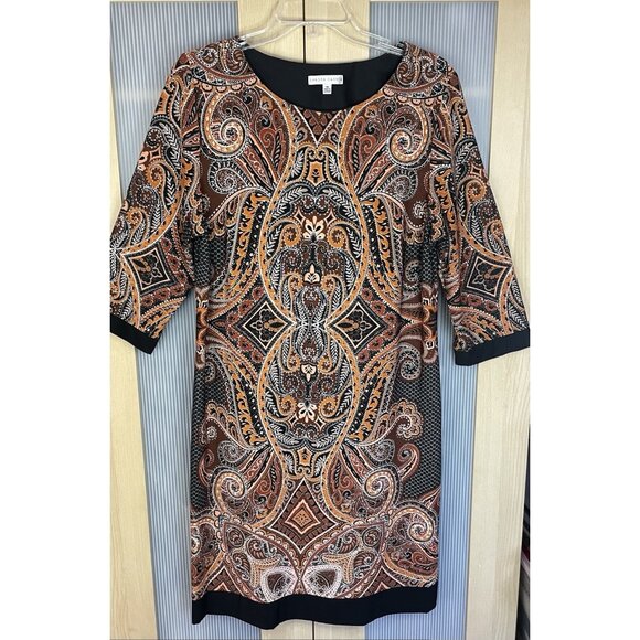 Sandra Darren Dresses & Skirts - Sandra Darren Paisley Shift Dress Black Brown Sz 16 Party Career Casual Boho
